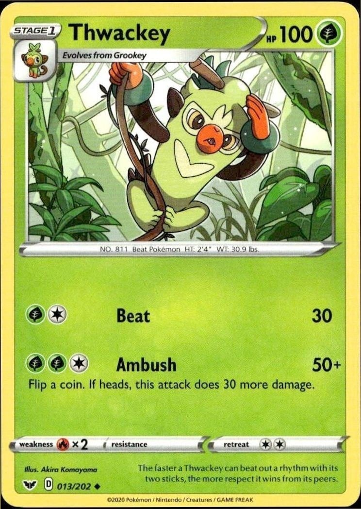 Thwackey 2020 Pokémon Sword & Shield #013/202 Pokémon Card - Front 2020 Pokémon Sword & Shield Thwackey #013/202 Pokémon card front