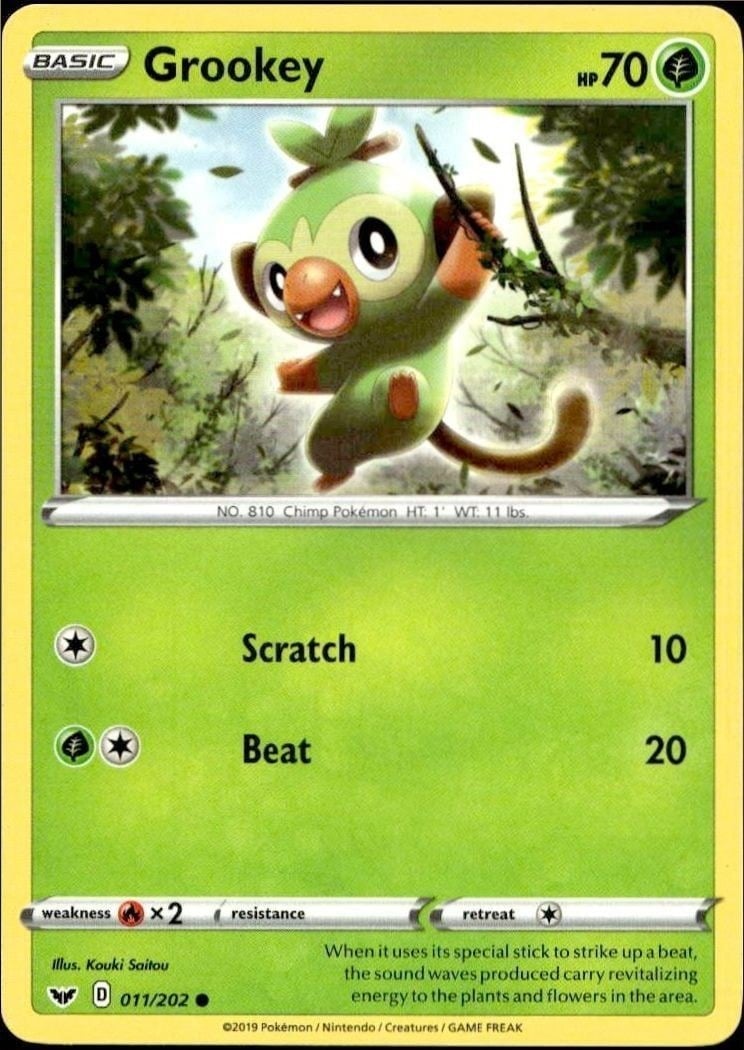 Grookey 2019 Pokémon Sword & Shield #011/202 Pokémon Card - Front 2019 Pokémon Sword & Shield Grookey #011/202 Pokémon card front