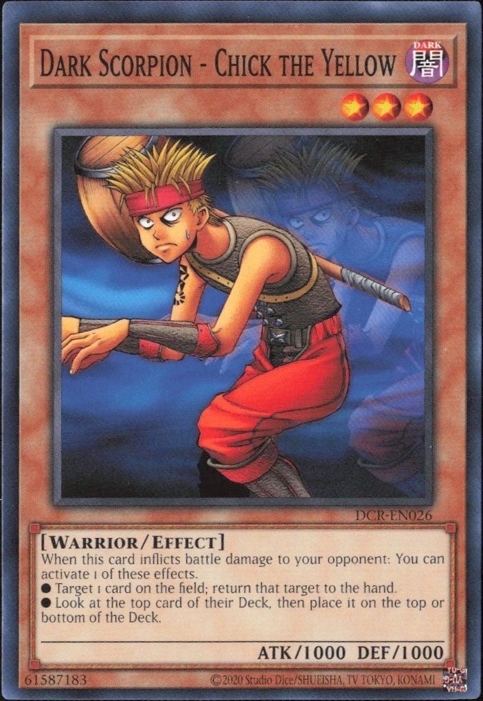 Dark Scorpion - Chick The Yellow 2023 Yu-Gi-Oh! Dark Crisis #DCR-EN026 Yu-Gi-Oh! Card - Front 2023 Yu-Gi-Oh! Dark Crisis Dark Scorpion - Chick The Yellow #DCR-EN026 Yu-Gi-Oh! card front