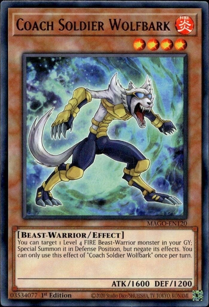 Coach Soldier Wolfbark 2020 Yu-Gi-Oh! Maximum Gold #MAGO-EN120 Yu-Gi-Oh! Card - Front 2020 Yu-Gi-Oh! Maximum Gold Coach Soldier Wolfbark #MAGO-EN120 Yu-Gi-Oh! card front