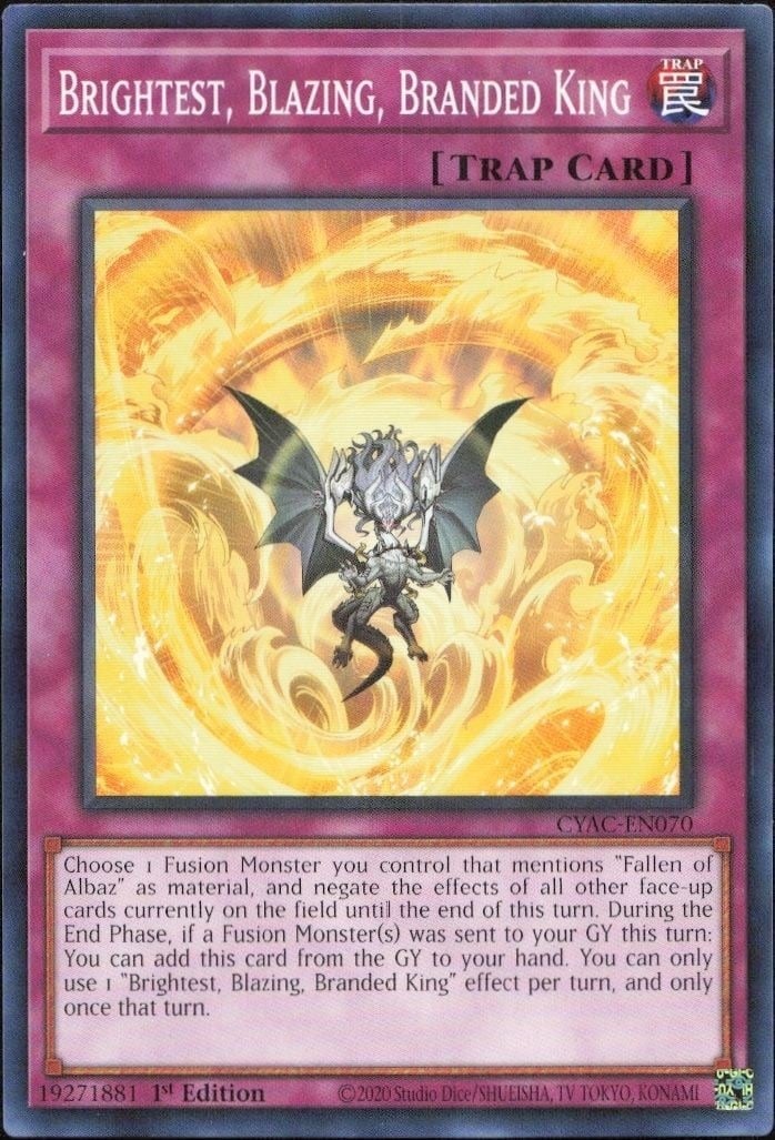 Brightest, Blazing, Branded King 2020 Yu-Gi-Oh! Cyberstorm Access #CYAC-EN070 Yu-Gi-Oh! Card - Front 2020 Yu-Gi-Oh! Cyberstorm Access Brightest, Blazing, Branded King #CYAC-EN070 Yu-Gi-Oh! card front