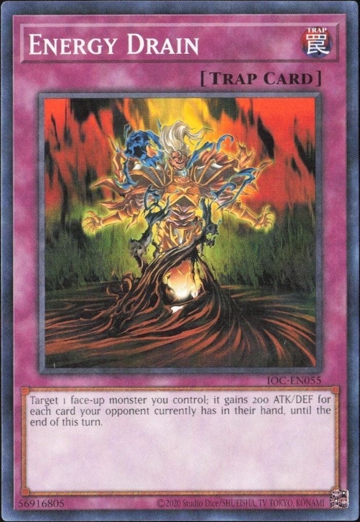 Energy Drain 2023 Yu-Gi-Oh! Invasion of Chaos #IOC-EN055 Yu-Gi-Oh! Card - Front 2023 Yu-Gi-Oh! Invasion of Chaos Energy Drain #IOC-EN055 Yu-Gi-Oh! card front