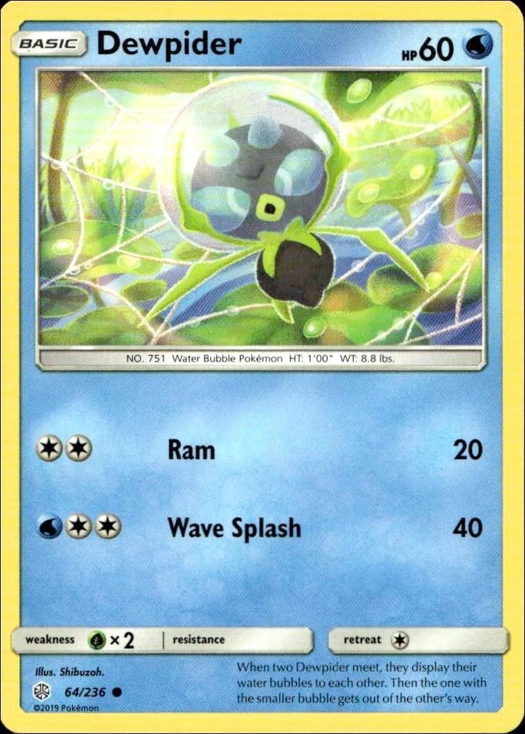 Dewpider 2019 Pokémon Cosmic Eclipse #064/236 Pokémon Card - Front 2019 Pokémon Cosmic Eclipse Dewpider #064/236 Pokémon card front