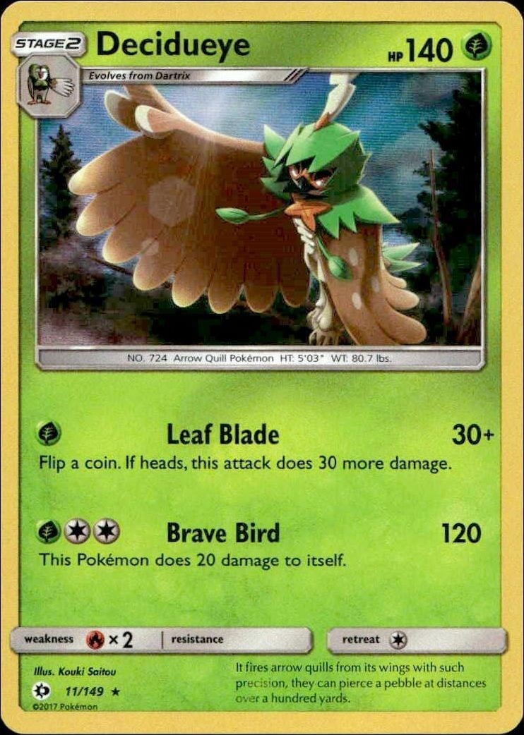 Decidueye 2017 Pokémon Sun & Moon #011/149 Pokémon Card - Front 2017 Pokémon Sun & Moon Decidueye #011/149 Pokémon card front