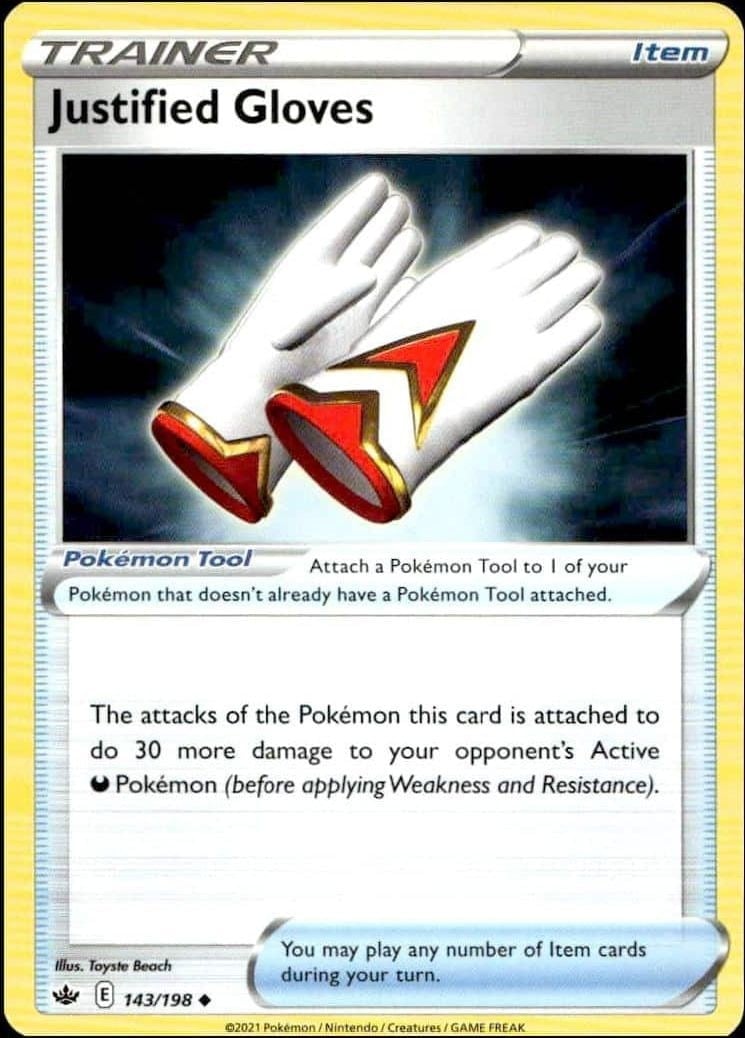 Justified Gloves 2021 Pokémon Chilling Reign #143/198 Pokémon Card - Front 2021 Pokémon Chilling Reign Justified Gloves #143/198 Pokémon card front
