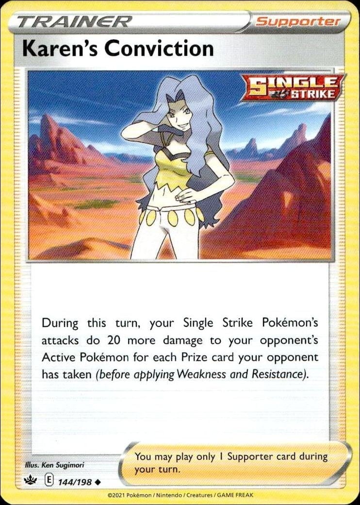 Karen's Conviction 2021 Pokémon Chilling Reign #144/198 Pokémon Card - Front 2021 Pokémon Chilling Reign Karen's Conviction #144/198 Pokémon card front