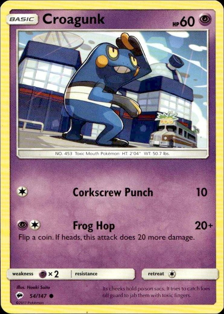 Croagunk 2017 Pokémon Burning Shadows #054/147 Pokémon Card - Front 2017 Pokémon Burning Shadows Croagunk #054/147 Pokémon card front