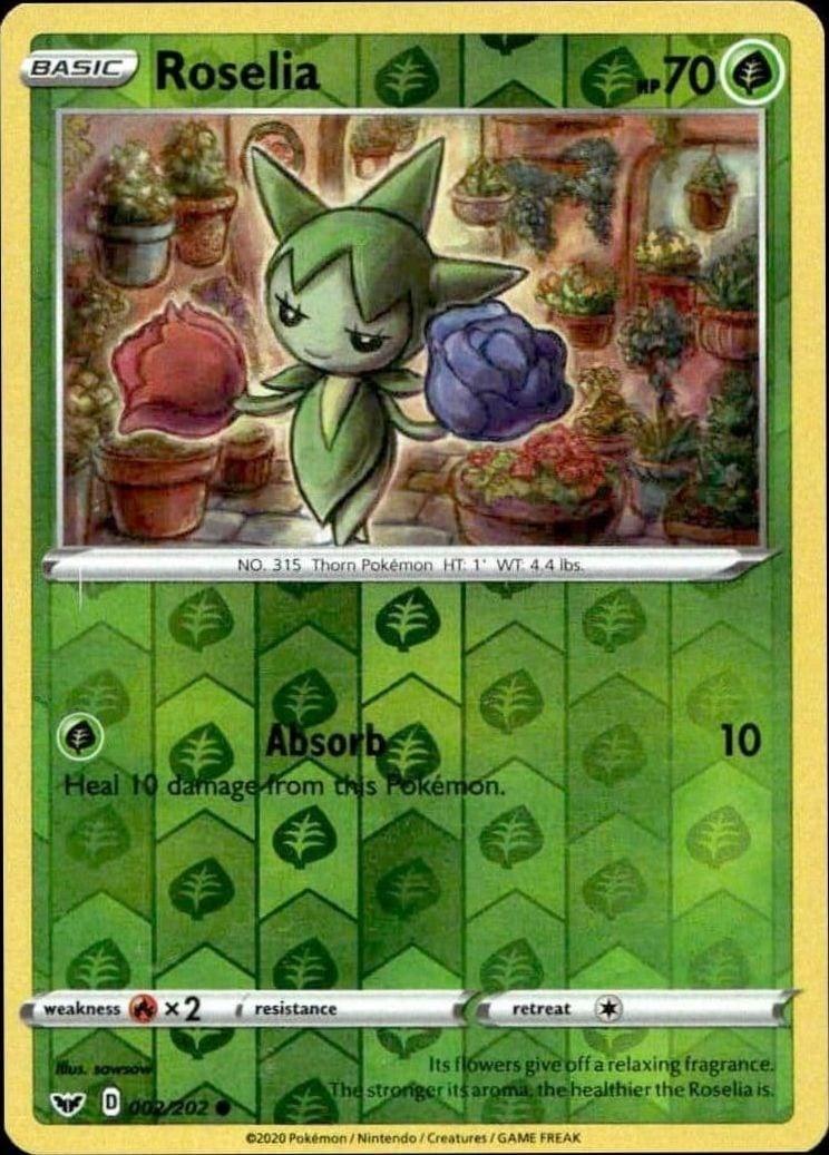 Roselia 2020 Pokémon Sword & Shield #002/202 Pokémon Card - Front 2020 Pokémon Sword & Shield Roselia #002/202 Pokémon card front