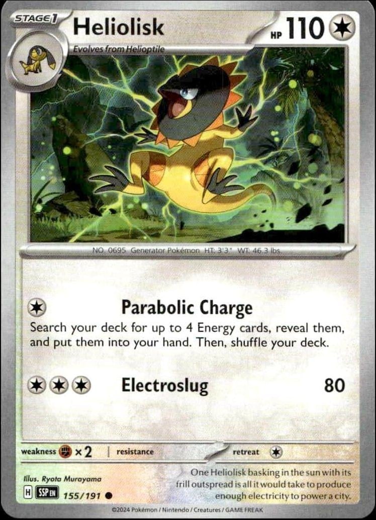 Heliolisk 2024 Pokémon Surging Sparks #155/191 Pokémon Card - Front 2024 Pokémon Surging Sparks Heliolisk #155/191 Pokémon card front
