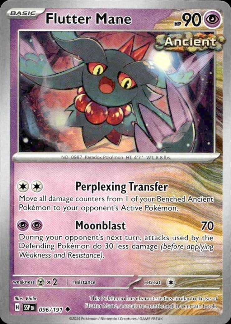 Flutter Mane 2024 Pokémon Surging Sparks #096/191 Pokémon Card - Front 2024 Pokémon Surging Sparks Flutter Mane #096/191 Pokémon card front