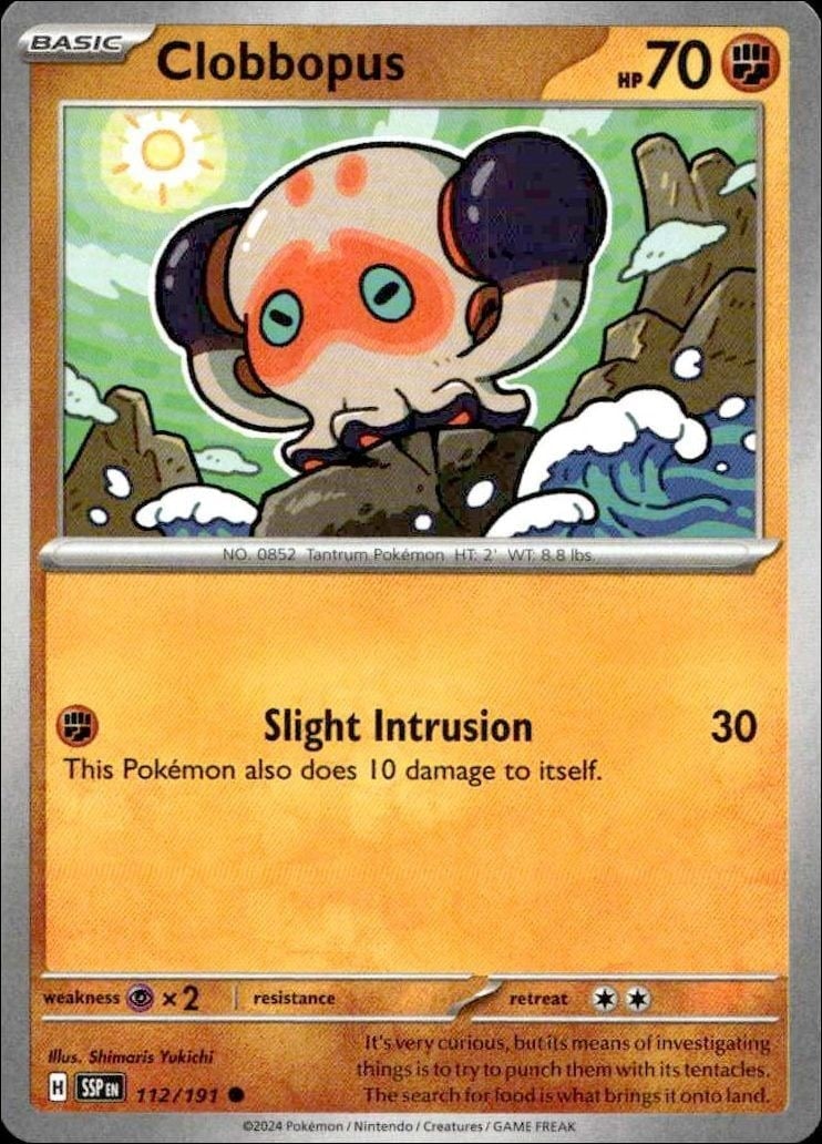 Clobbopus 2024 Pokémon Surging Sparks #112/191 Pokémon Card - Front 2024 Pokémon Surging Sparks Clobbopus #112/191 Pokémon card front