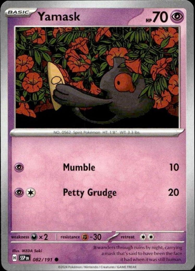 Yamask 2024 Pokémon Surging Sparks #082/191 Pokémon Card - Front 2024 Pokémon Surging Sparks Yamask #082/191 Pokémon card front