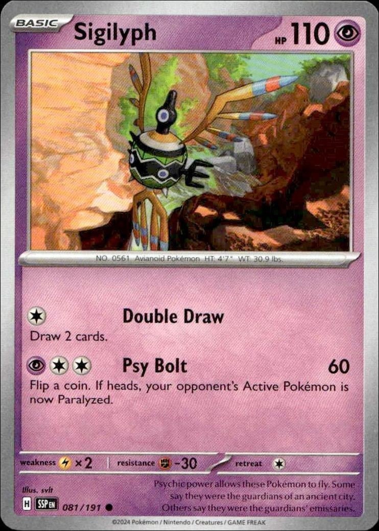 Sigilyph 2024 Pokémon Surging Sparks #081/191 Pokémon Card - Front 2024 Pokémon Surging Sparks Sigilyph #081/191 Pokémon card front