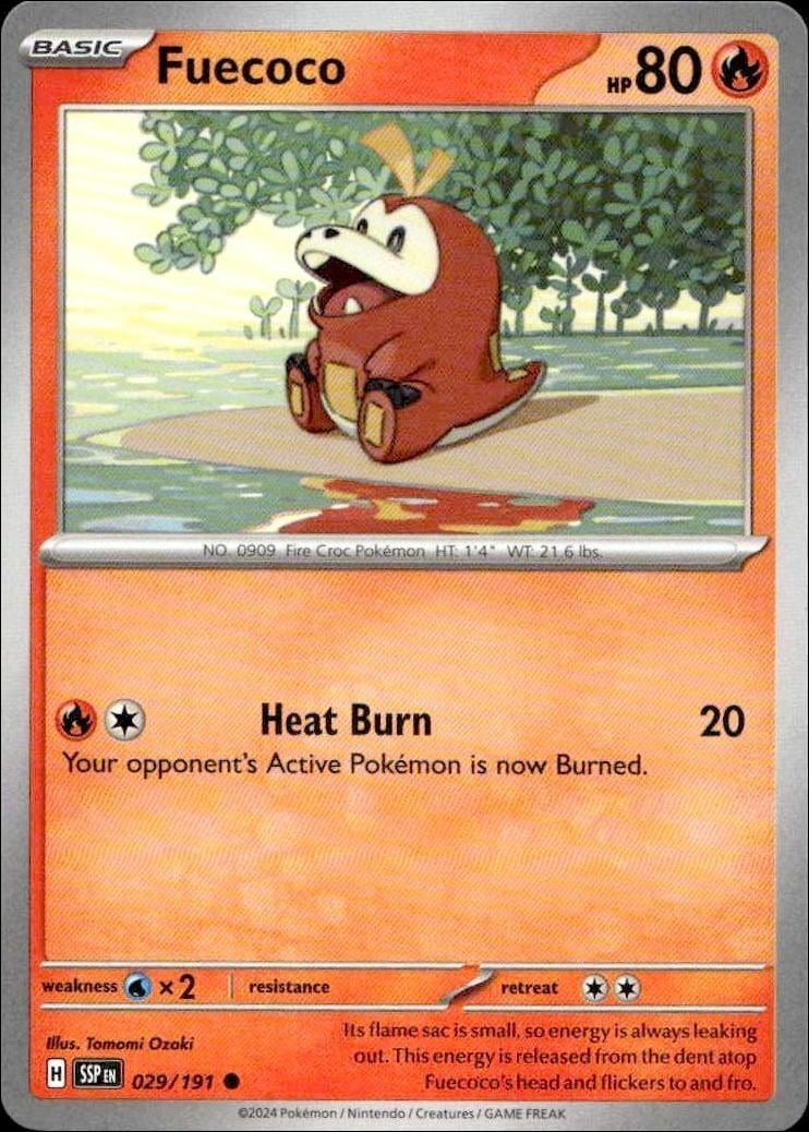Fuecoco 2024 Pokémon Surging Sparks #029/191 Pokémon Card - Front 2024 Pokémon Surging Sparks Fuecoco #029/191 Pokémon card front