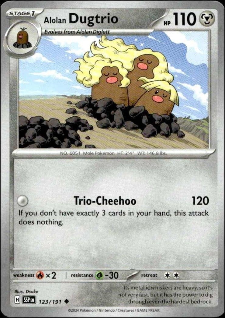 Alolan Dugtrio 2024 Pokémon Surging Sparks #123/191 Pokémon Card - Front 2024 Pokémon Surging Sparks Alolan Dugtrio #123/191 Pokémon card front
