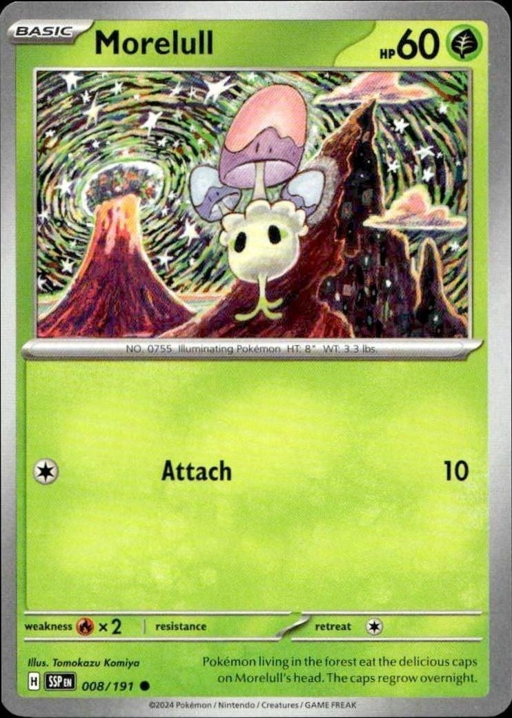 Morelull 2024 Pokémon Surging Sparks #008/191 Pokémon Card - Front 2024 Pokémon Surging Sparks Morelull #008/191 Pokémon card front