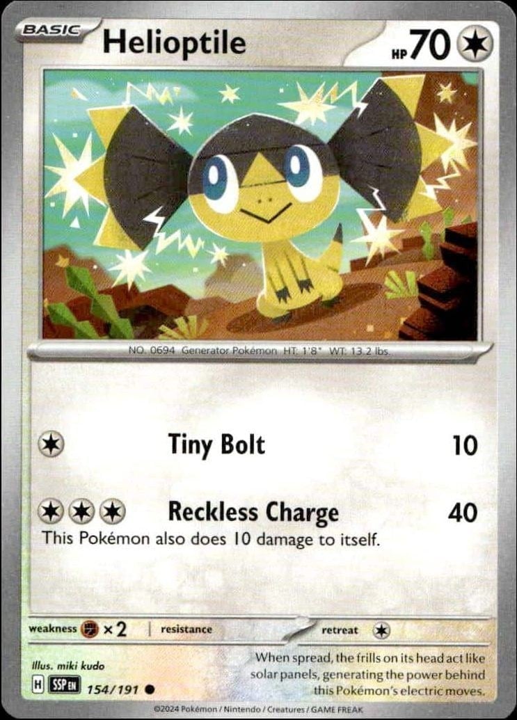 Helioptile 2024 Pokémon Surging Sparks #154/191 Pokémon Card - Front 2024 Pokémon Surging Sparks Helioptile #154/191 Pokémon card front