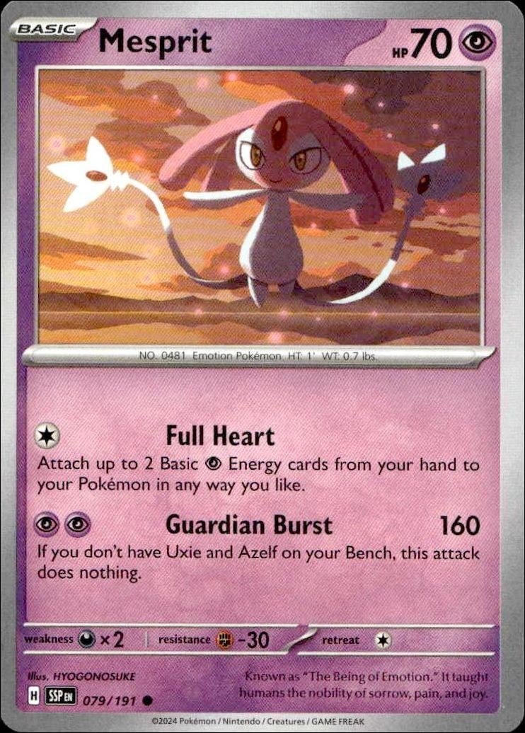 Mesprit 2024 Pokémon Surging Sparks #079/191 Pokémon Card - Front 2024 Pokémon Surging Sparks Mesprit #079/191 Pokémon card front