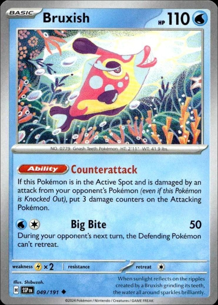 Bruxish 2024 Pokémon Surging Sparks #049/191 Pokémon Card - Front 2024 Pokémon Surging Sparks Bruxish #049/191 Pokémon card front