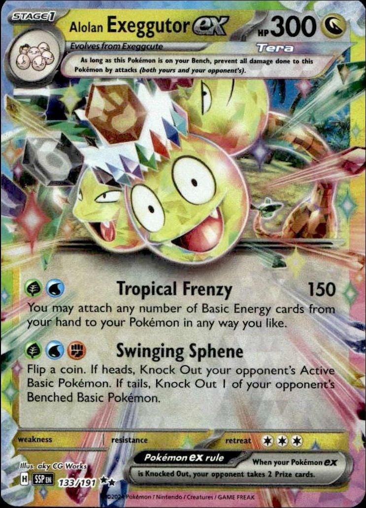 Alolan Exeggutor Ex 2024 Pokémon Surging Sparks #133/191 Pokémon Card - Front 2024 Pokémon Surging Sparks Alolan Exeggutor Ex #133/191 Pokémon card front