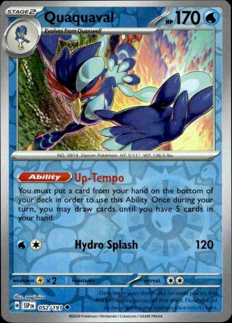 Quaquaval 2024 Pokémon Surging Sparks #052/191 Pokémon Card - Front 2024 Pokémon Surging Sparks Quaquaval #052/191 Pokémon card front