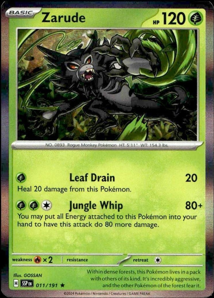 Zarude 2024 Pokémon Surging Sparks #011/191 Pokémon Card - Front 2024 Pokémon Surging Sparks Zarude #011/191 Pokémon card front
