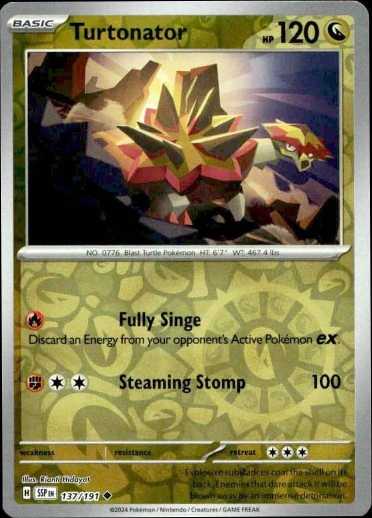 Turtonator 2024 Pokémon Surging Sparks #137/191 Pokémon Card - Front 2024 Pokémon Surging Sparks Turtonator #137/191 Pokémon card front