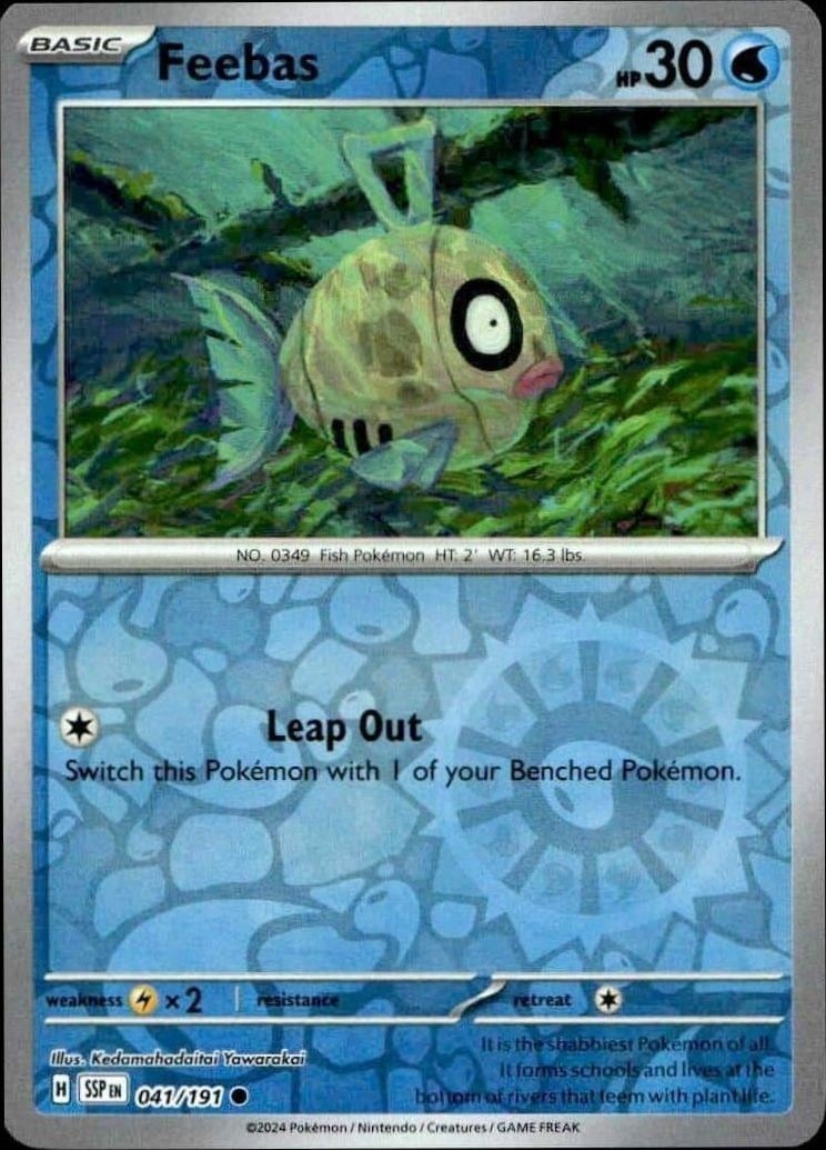 Feebas 2024 Pokémon Surging Sparks #041/191 Pokémon Card - Front 2024 Pokémon Surging Sparks Feebas #041/191 Pokémon card front
