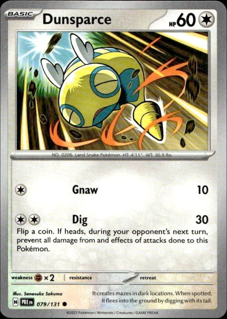 Dunsparce 2025 Pokémon Prismatic Evolutions #079/131 Pokémon Card - Front 2025 Pokémon Prismatic Evolutions Dunsparce #079/131 Pokémon card front