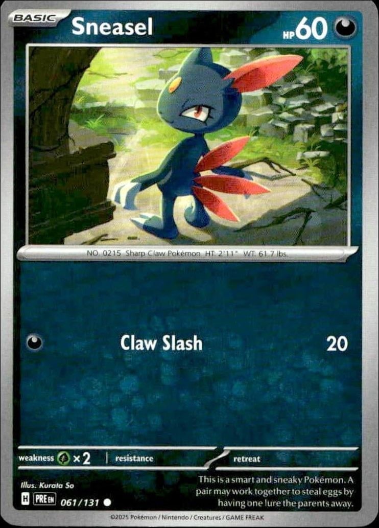 Sneasel 2025 Pokémon Prismatic Evolutions #061/131 Pokémon Card - Front 2025 Pokémon Prismatic Evolutions Sneasel #061/131 Pokémon card front