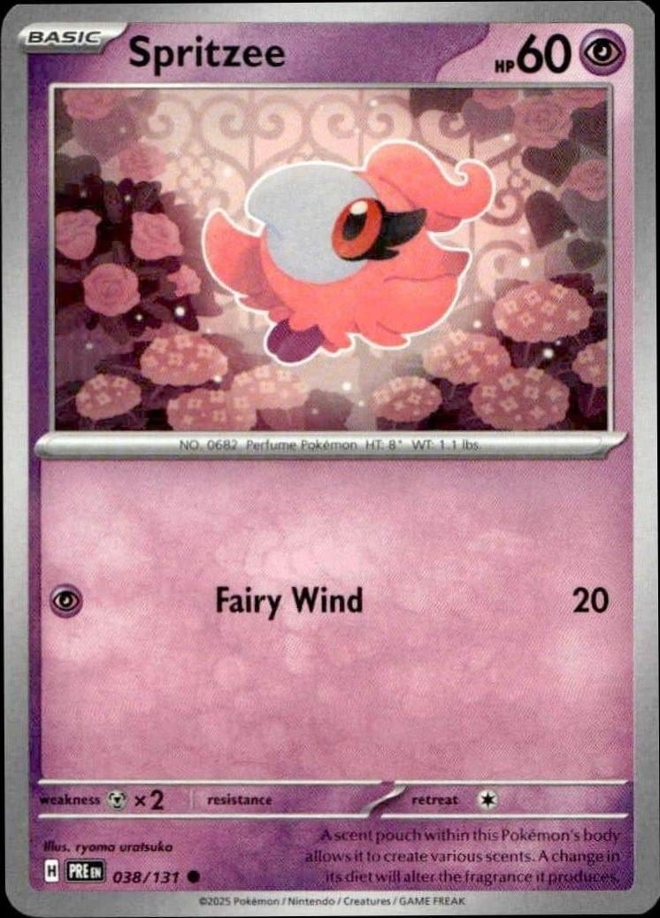 Spritzee 2025 Pokémon Prismatic Evolutions #038/131 Pokémon Card - Front 2025 Pokémon Prismatic Evolutions Spritzee #038/131 Pokémon card front