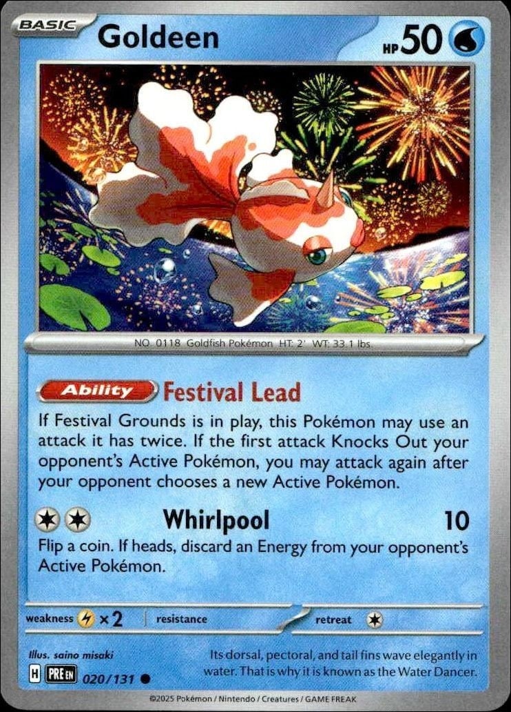 Goldeen 2025 Pokémon Prismatic Evolutions #020/131 Pokémon Card - Front 2025 Pokémon Prismatic Evolutions Goldeen #020/131 Pokémon card front