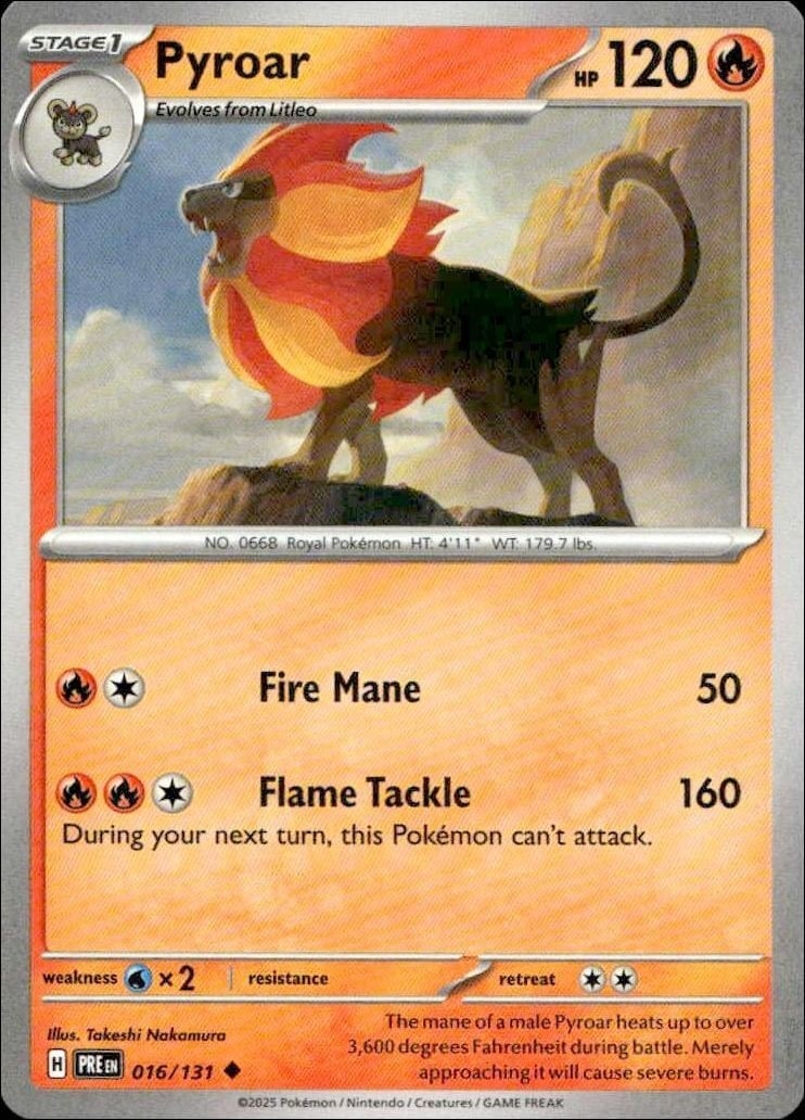 Pyroar 2025 Pokémon Prismatic Evolutions #016/131 Pokémon Card - Front 2025 Pokémon Prismatic Evolutions Pyroar #016/131 Pokémon card front