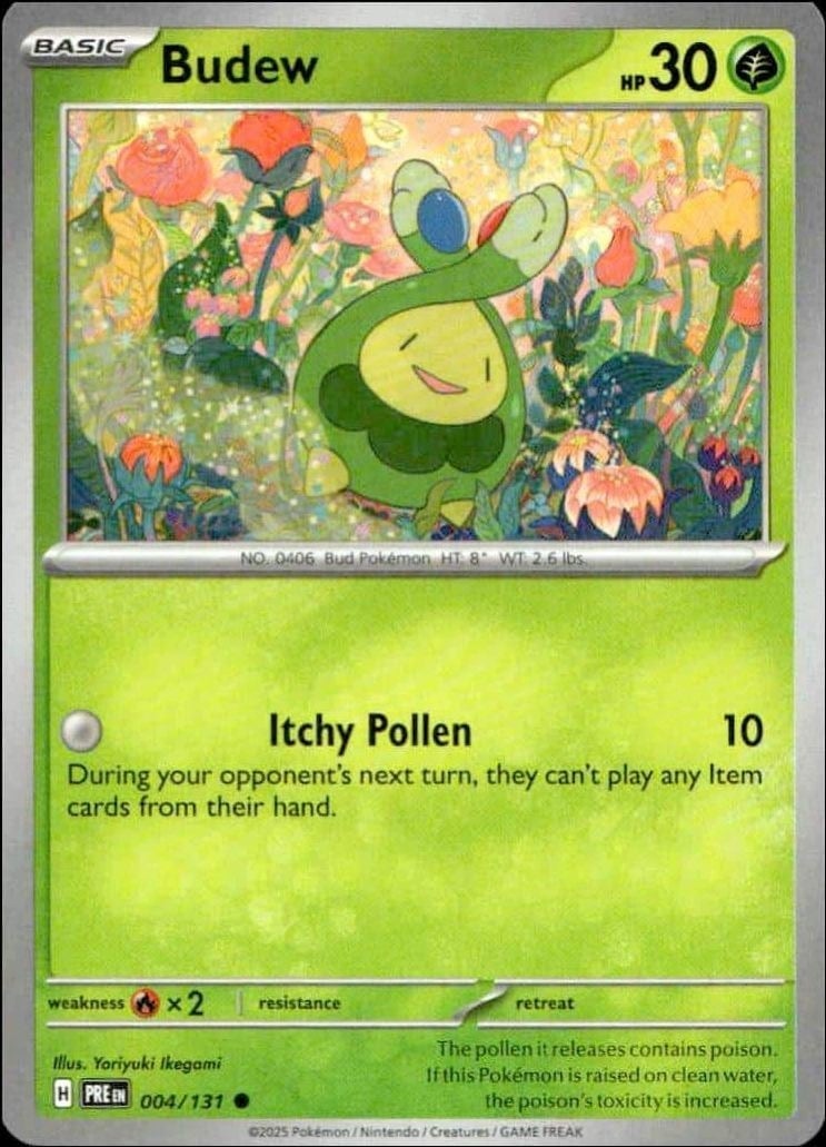 Budew 2025 Pokémon Prismatic Evolutions #004/131 Pokémon Card - Front 2025 Pokémon Prismatic Evolutions Budew #004/131 Pokémon card front