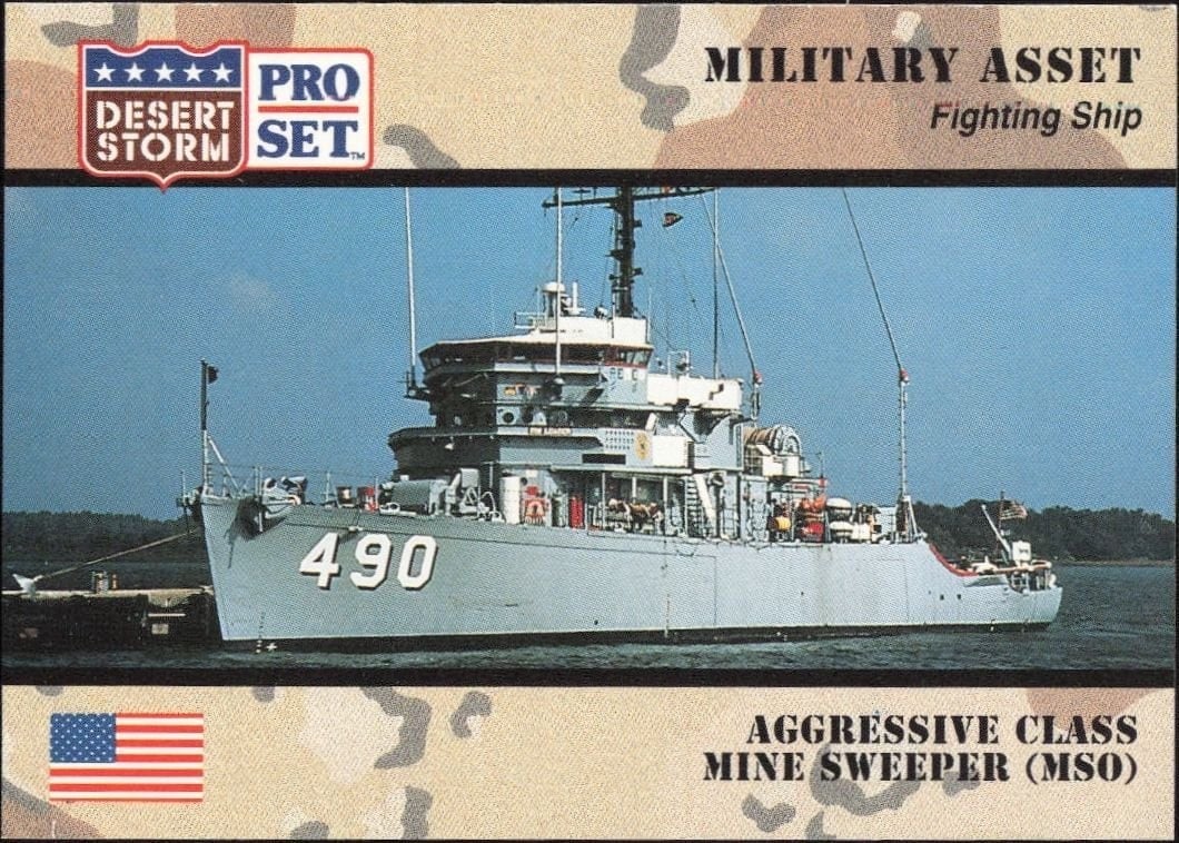 Aggressive Class Mine Sweeper (MSO) 1991 Pro Set Desert Storm #188 Military Trading Card - Front 1991 Pro Set Desert Storm Aggressive Class Mine Sweeper (MSO) #188 military trading card front
