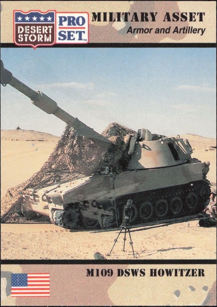 M109 DSWS Howitzer 1991 Pro Set Desert Storm #205 Military Trading Card - Front 1991 Pro Set Desert Storm M109 DSWS Howitzer #205 military trading card front