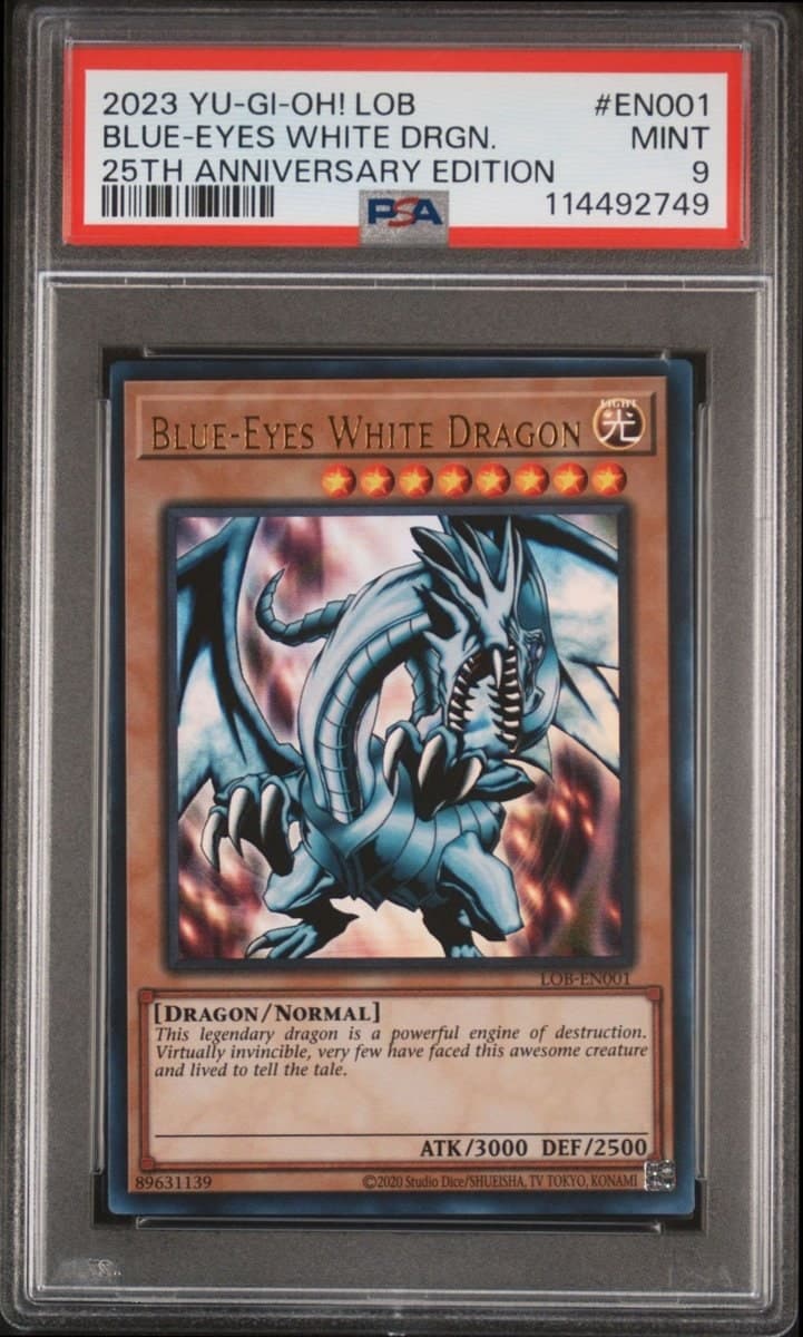 Blue-Eyes White Dragon 2023 Yu-Gi-Oh! Legend of Blue Eyes White Dragon (25th Anniversary Edition) #LOB-EN001 Yu-Gi-Oh! Card - Front 2023 Yu-Gi-Oh! Legend of Blue Eyes White Dragon (25th Anniversary Edition) Blue-Eyes White Dragon #LOB-EN001 Yu-Gi-Oh! card front