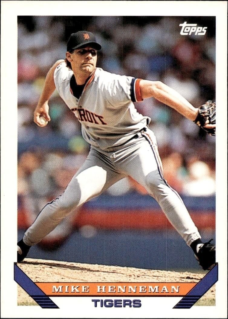 Mike Henneman 1993 Topps Series 2 #756 Baseball Trading Card - Front 1993 Topps Series 2 Mike Henneman #756 baseball trading card front