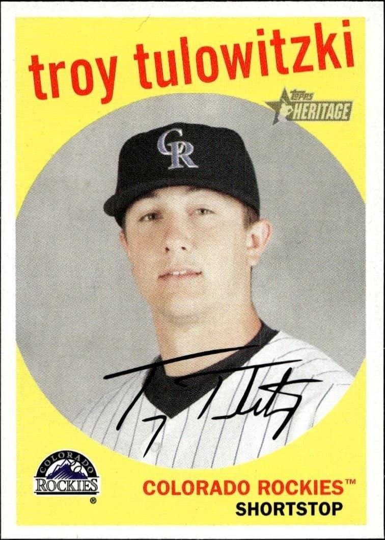 Troy Tulowitzki 2008 Topps Heritage #21 Baseball Trading Card - Front 2008 Topps Heritage Troy Tulowitzki #21 baseball trading card front