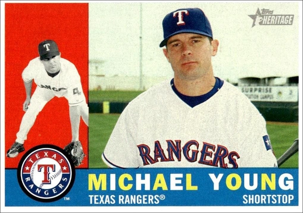 Michael Young 2009 Topps Heritage #379 Baseball Trading Card - Front 2009 Topps Heritage Michael Young #379 baseball trading card front