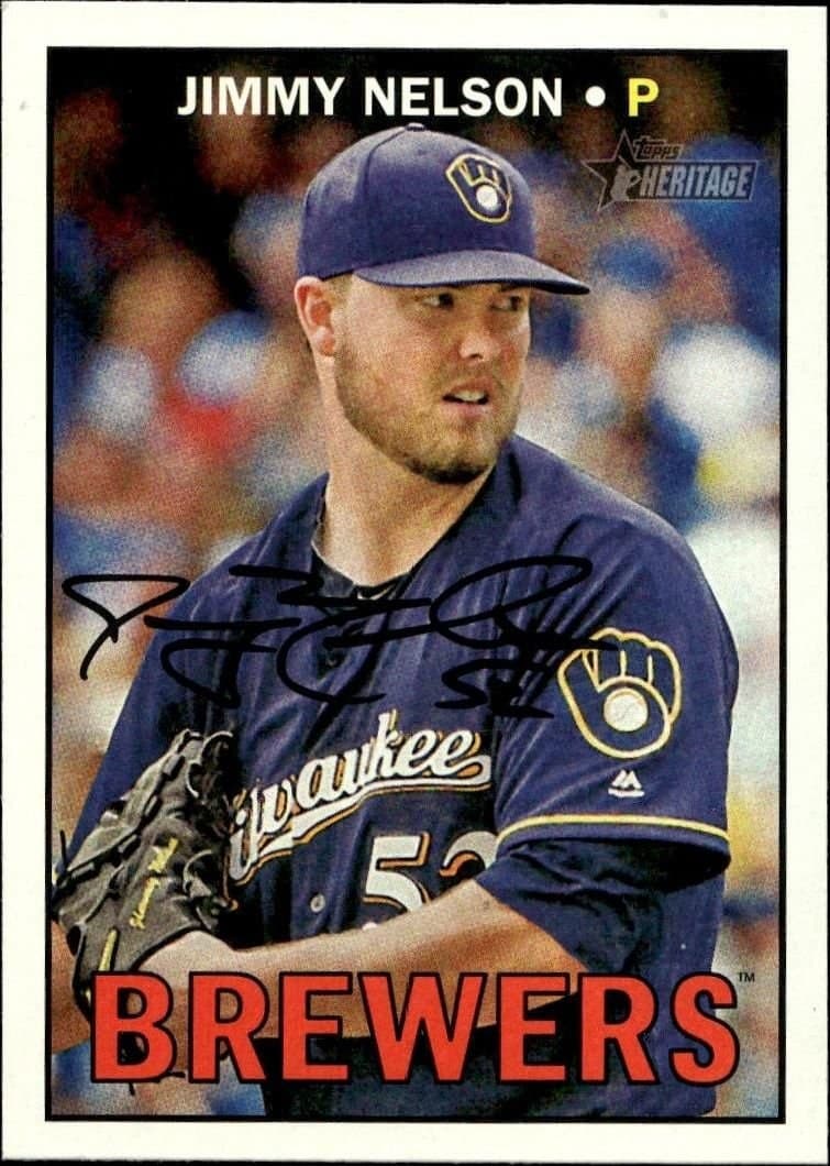 Jimmy Nelson 2016 Topps Heritage #595 Baseball Trading Card - Front 2016 Topps Heritage Jimmy Nelson #595 baseball trading card front