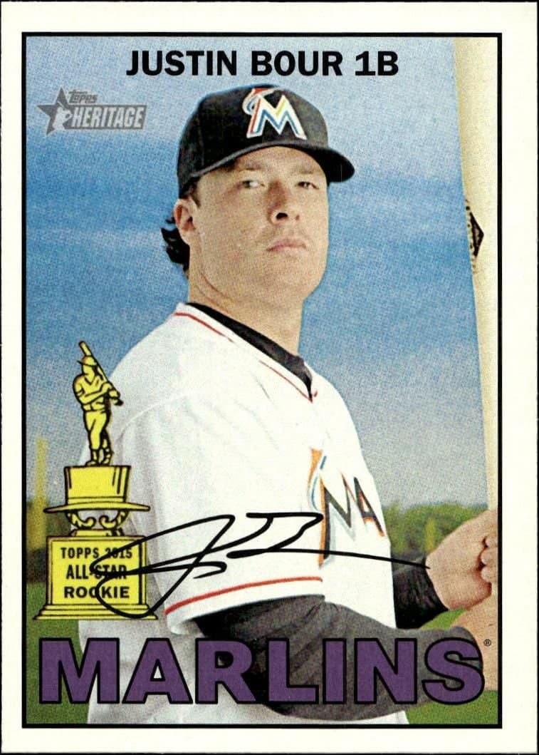 Justin Bour 2016 Topps Heritage #42 Baseball Trading Card - Front 2016 Topps Heritage Justin Bour #42 baseball trading card front