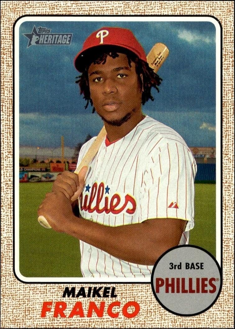 Maikel Franco 2017 Topps Heritage #295 Baseball Trading Card - Front 2017 Topps Heritage Maikel Franco #295 baseball trading card front