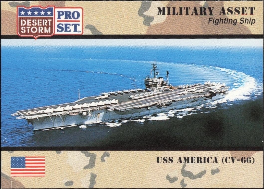 USS America (CV-66) 1991 Pro Set Desert Storm #193 Military Trading Card - Front 1991 Pro Set Desert Storm USS America (CV-66) #193 military trading card front