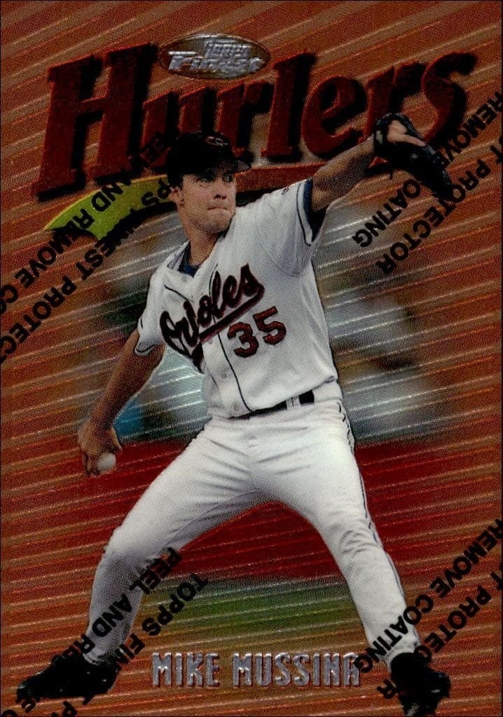 Mike Mussina 1997 Topps Finest #95 Baseball Trading Card - Front 1997 Topps Finest Mike Mussina #95 baseball trading card front