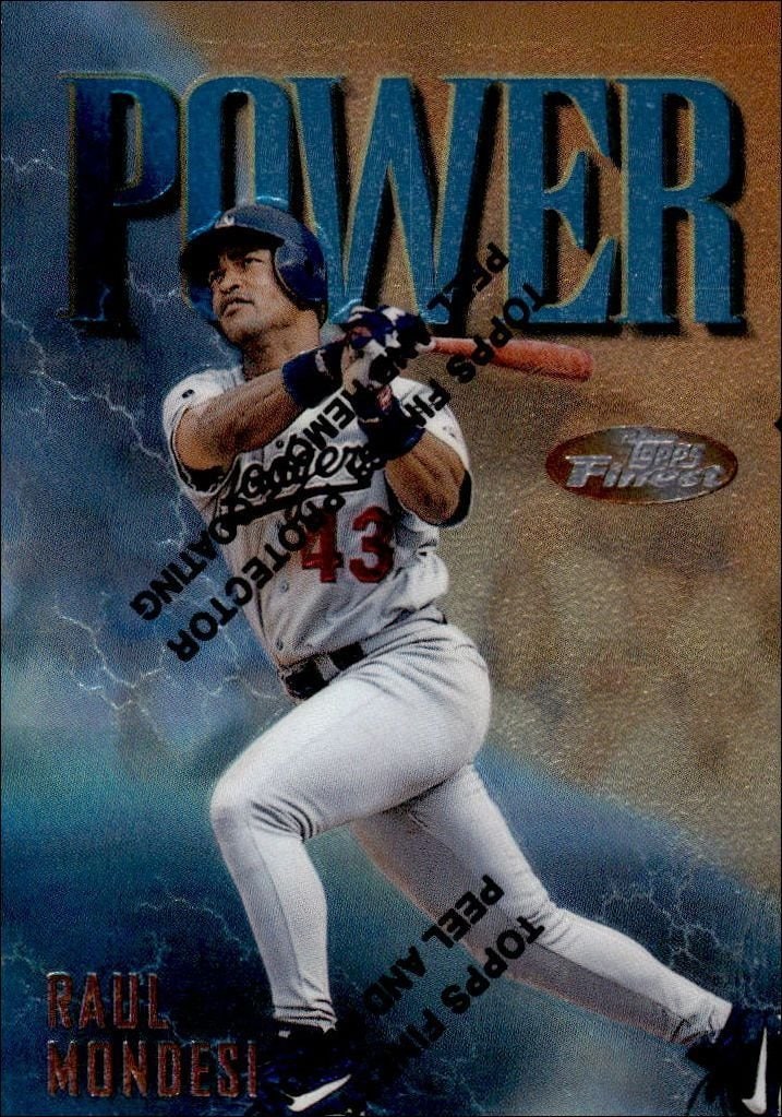 Raul Mondesi 1997 Topps Finest #13 Baseball Trading Card - Front 1997 Topps Finest Raul Mondesi #13 baseball trading card front