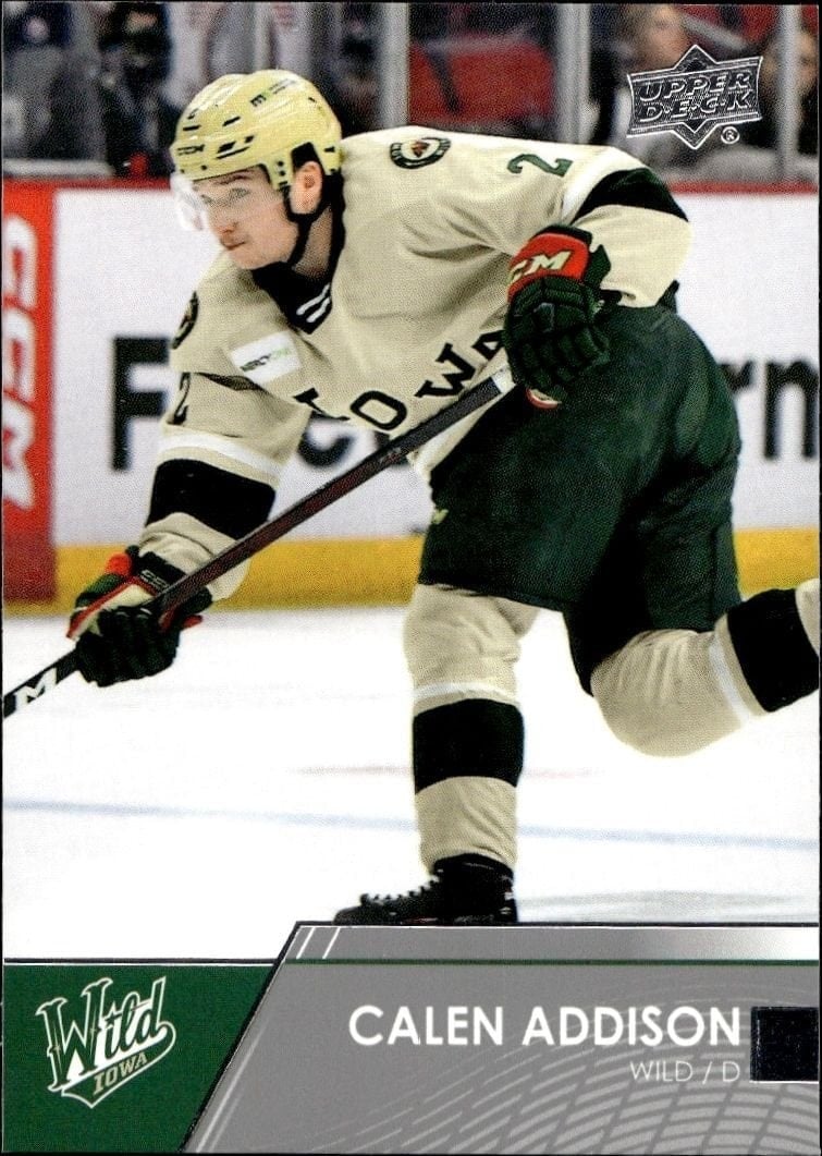 Calen Addison 2021-22 Upper Deck Ahl #8 Hockey Trading Card - Front 2021-22 Upper Deck Ahl Calen Addison #8 hockey trading card front