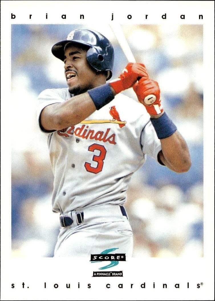 Brian Jordan 1997 Pinnacle Score #55 Baseball Trading Card - Front 1997 Pinnacle Score Brian Jordan #55 baseball trading card front