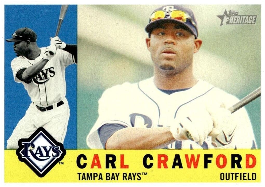 Carl Crawford 2009 Topps Heritage #166 Baseball Trading Card - Front 2009 Topps Heritage Carl Crawford #166 baseball trading card front