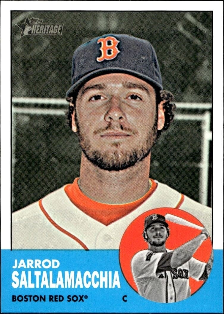 Jarrod Saltalamacchia 2012 Topps Heritage High Number #H582 Baseball Trading Card - Front 2012 Topps Heritage High Number Jarrod Saltalamacchia #H582 baseball trading card front